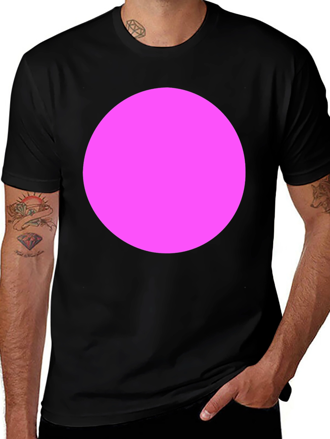 Classic Black Crewneck Tee with Bold Pink Circle