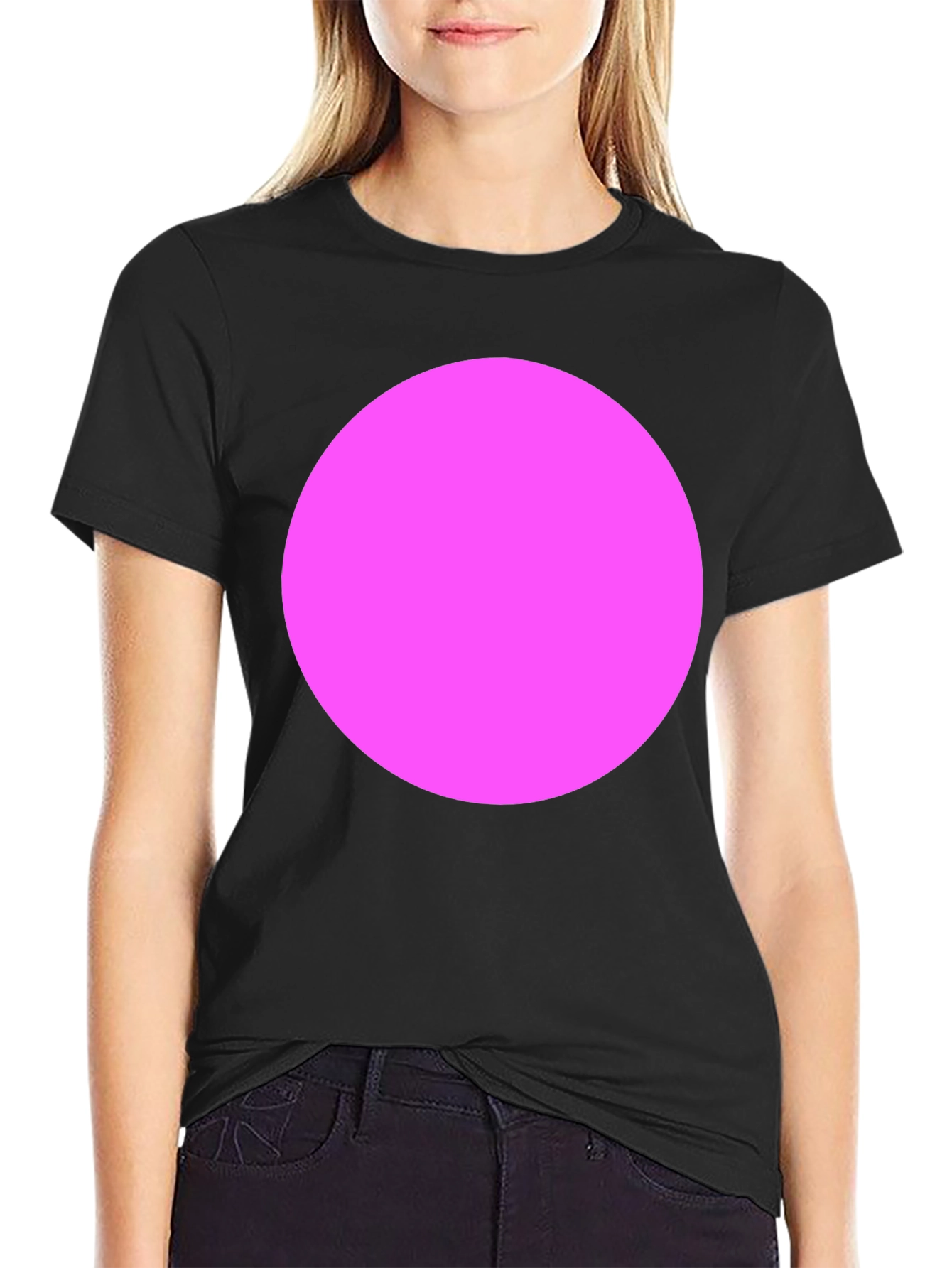 Classic Black Crewneck Tee with Bold Pink Circle