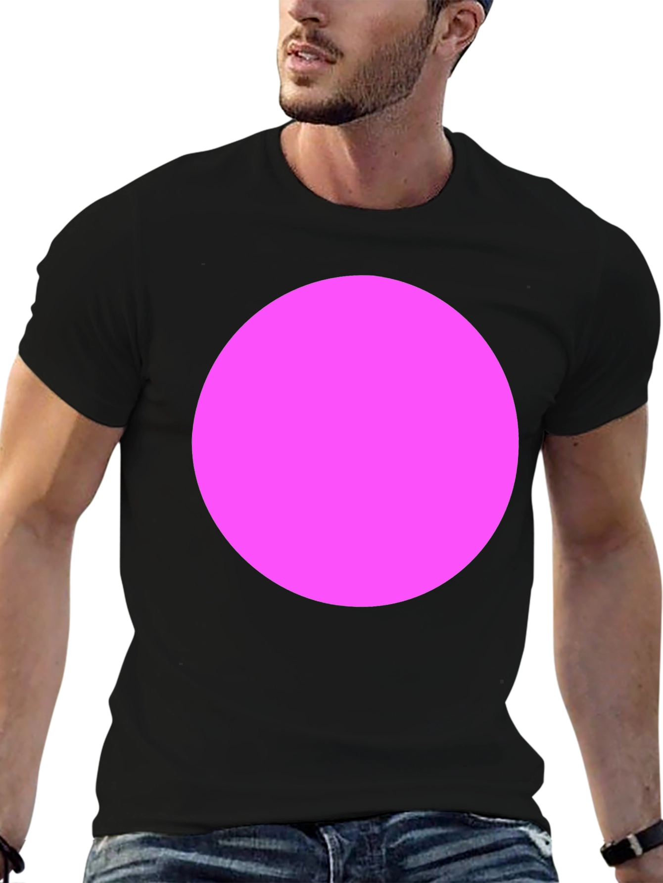 Classic Black Crewneck Tee with Bold Pink Circle