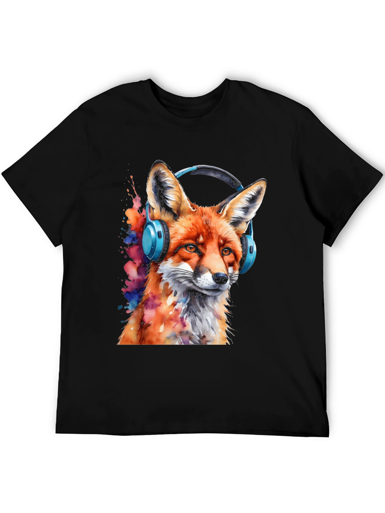 Fox with Headphones Black T-Shirt