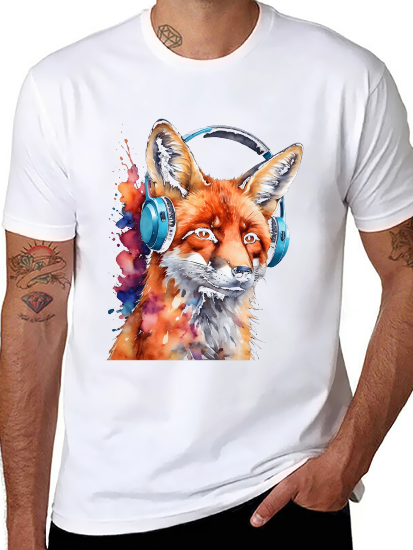 Fox with Headphones Black T-Shirt