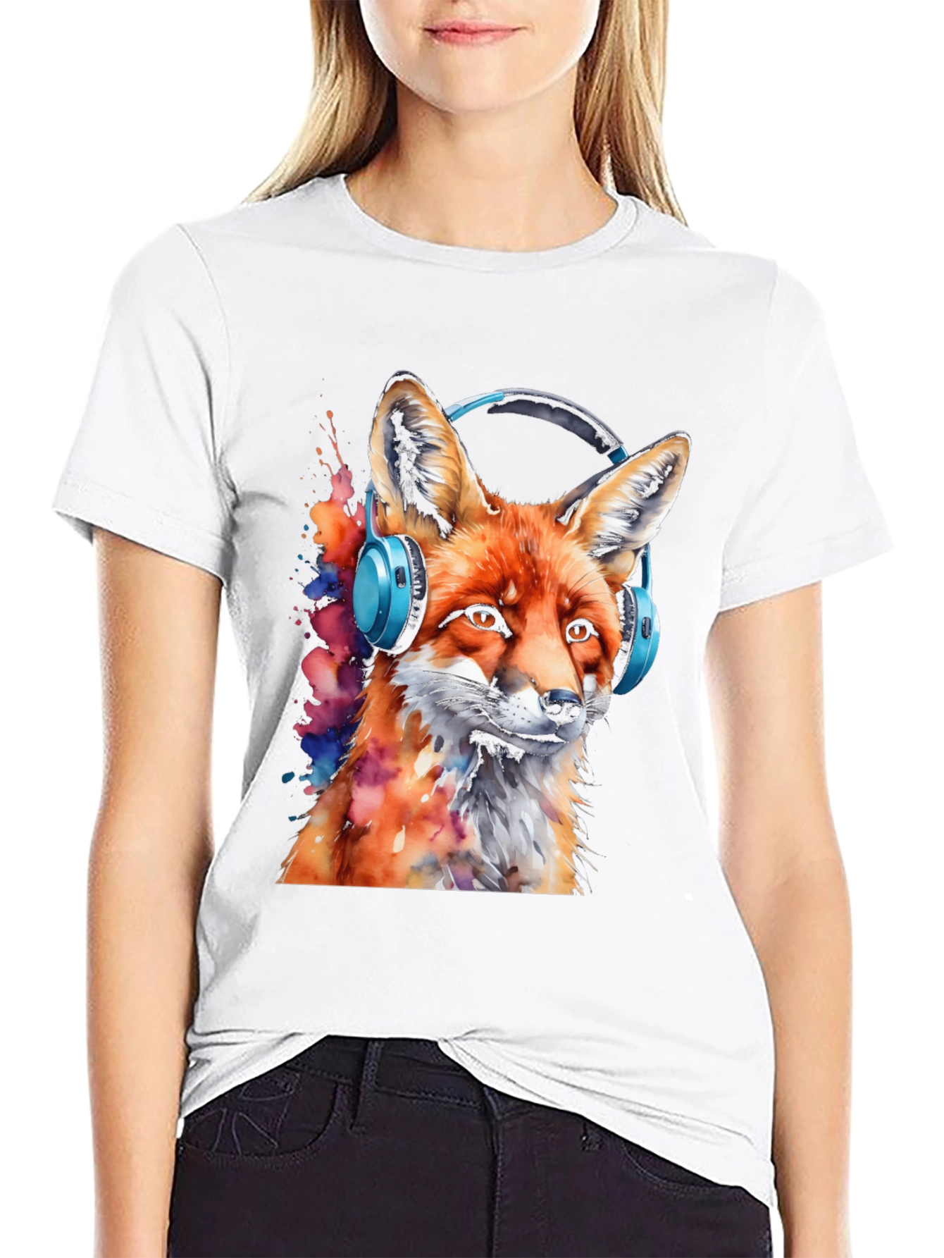 Fox with Headphones Black T-Shirt