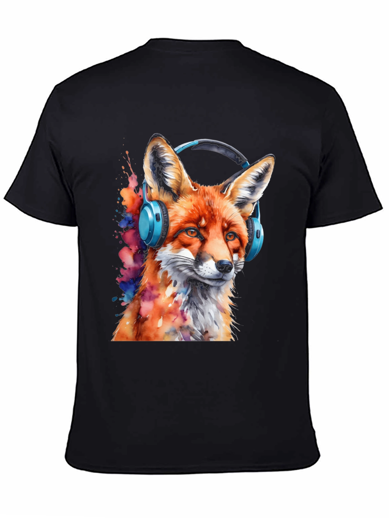 Fox with Headphones Black T-Shirt