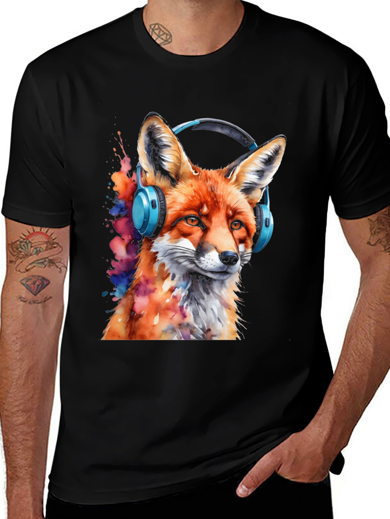 Fox with Headphones Black T-Shirt