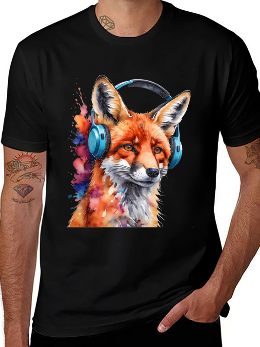 Fox with Headphones Black T-Shirt