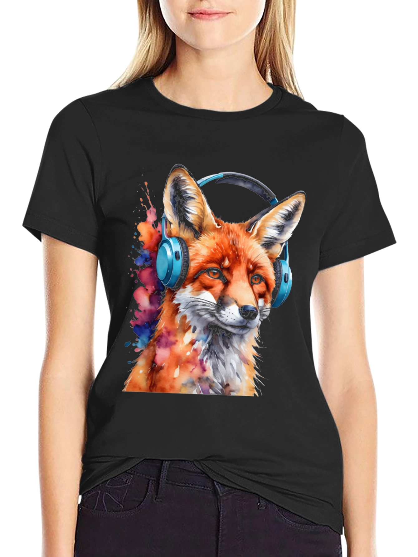 Fox with Headphones Black T-Shirt