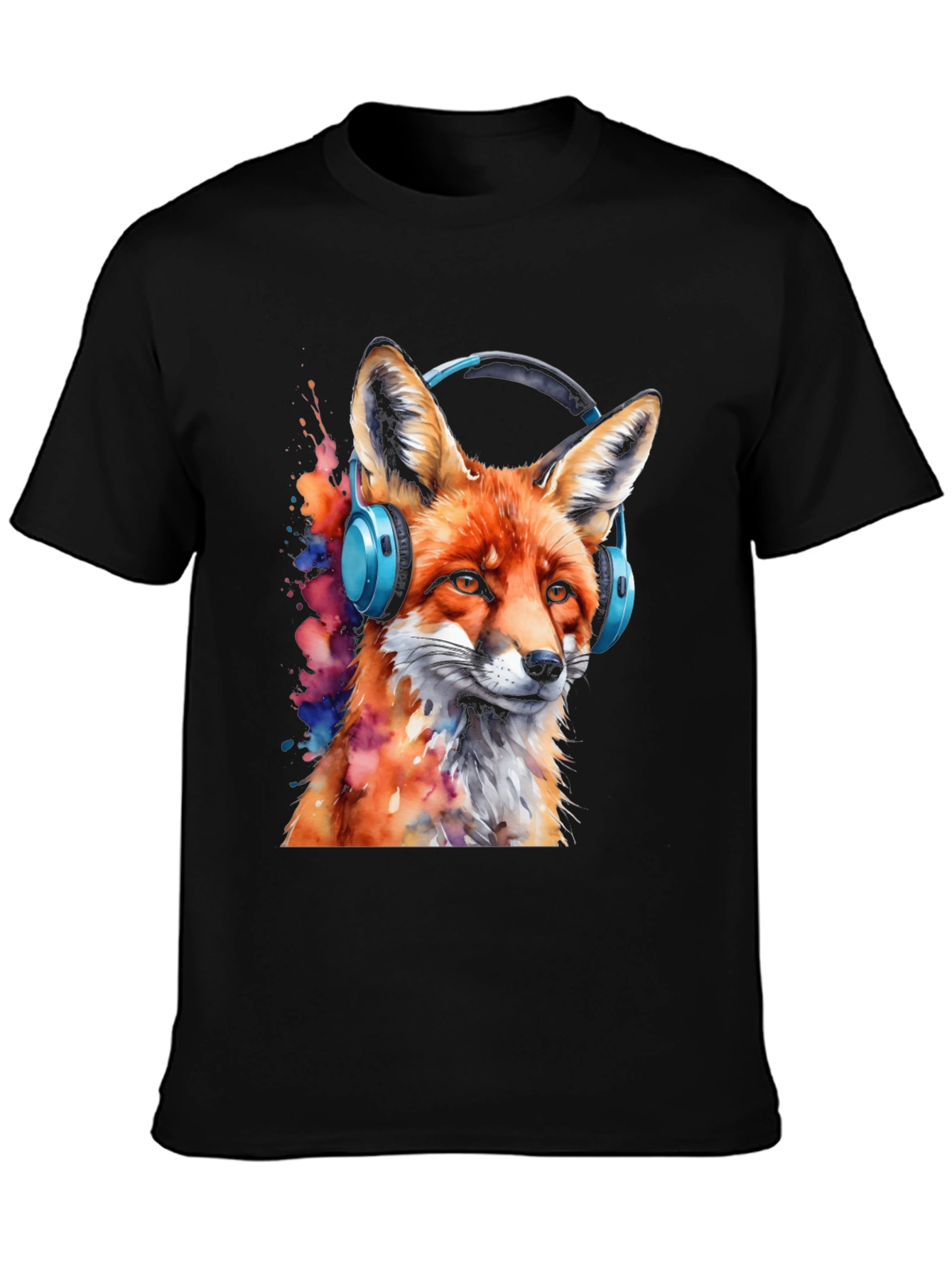 Fox with Headphones Black T-Shirt