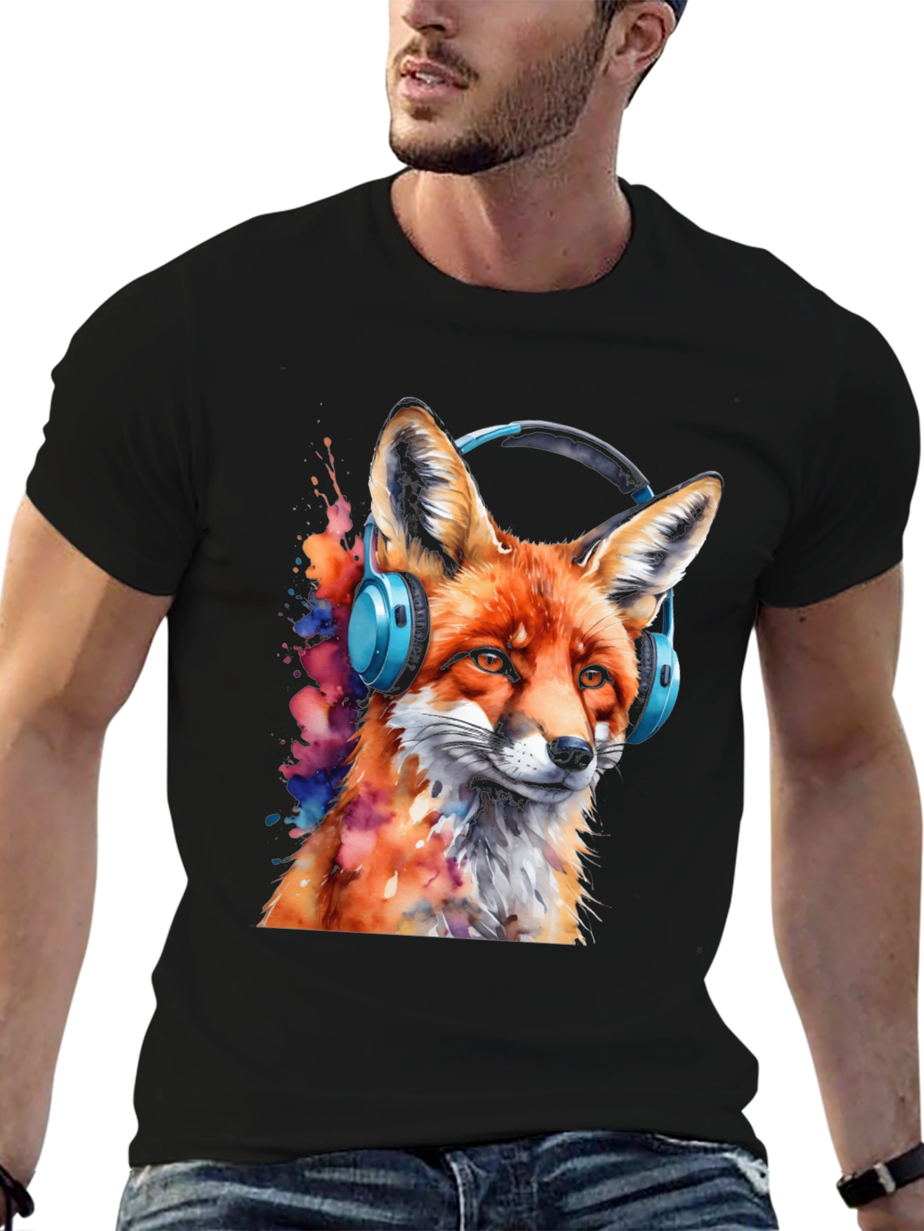 Fox with Headphones Black T-Shirt