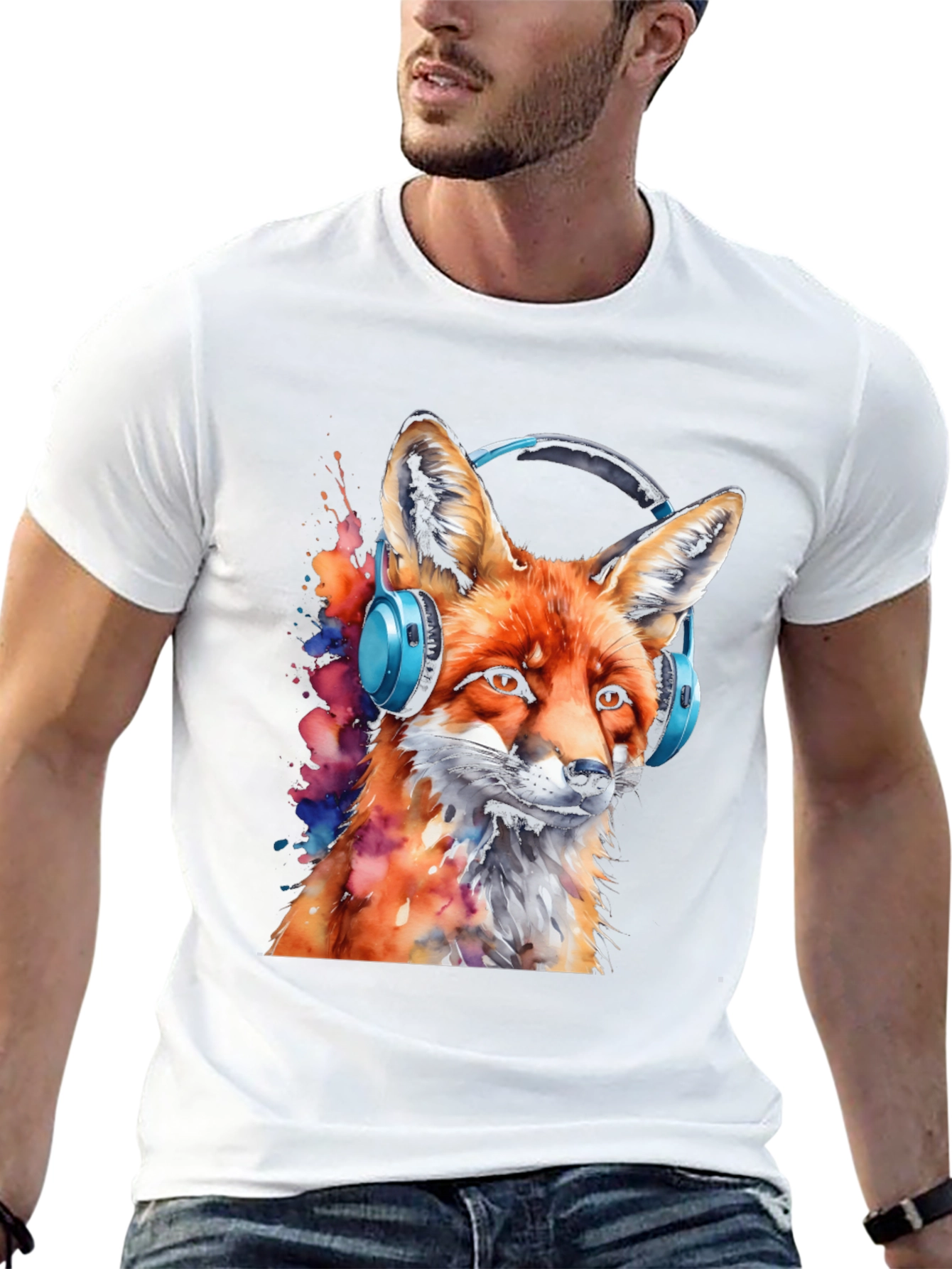 Fox with Headphones Black T-Shirt