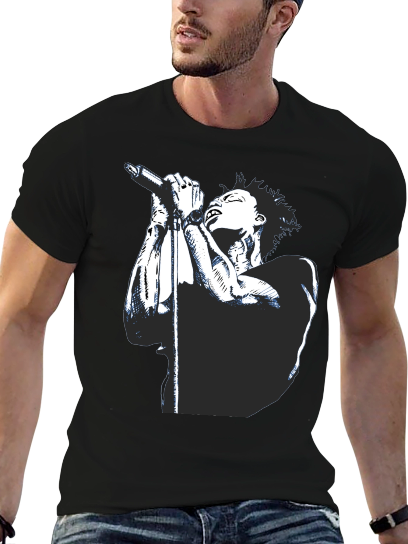 Black Graphic Tee - Singer with Microphone Design