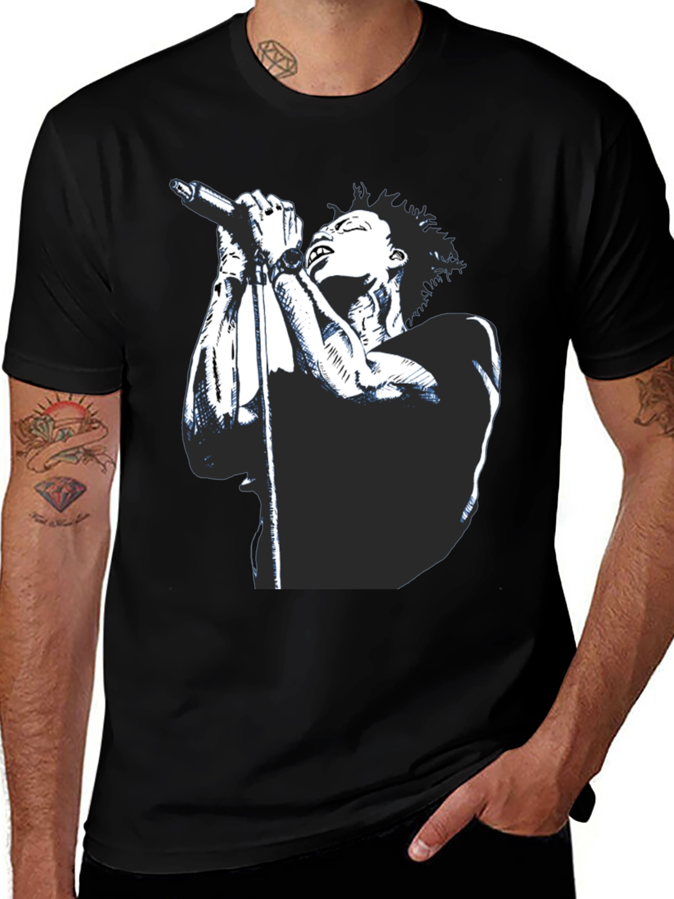 Black Graphic Tee - Singer with Microphone Design