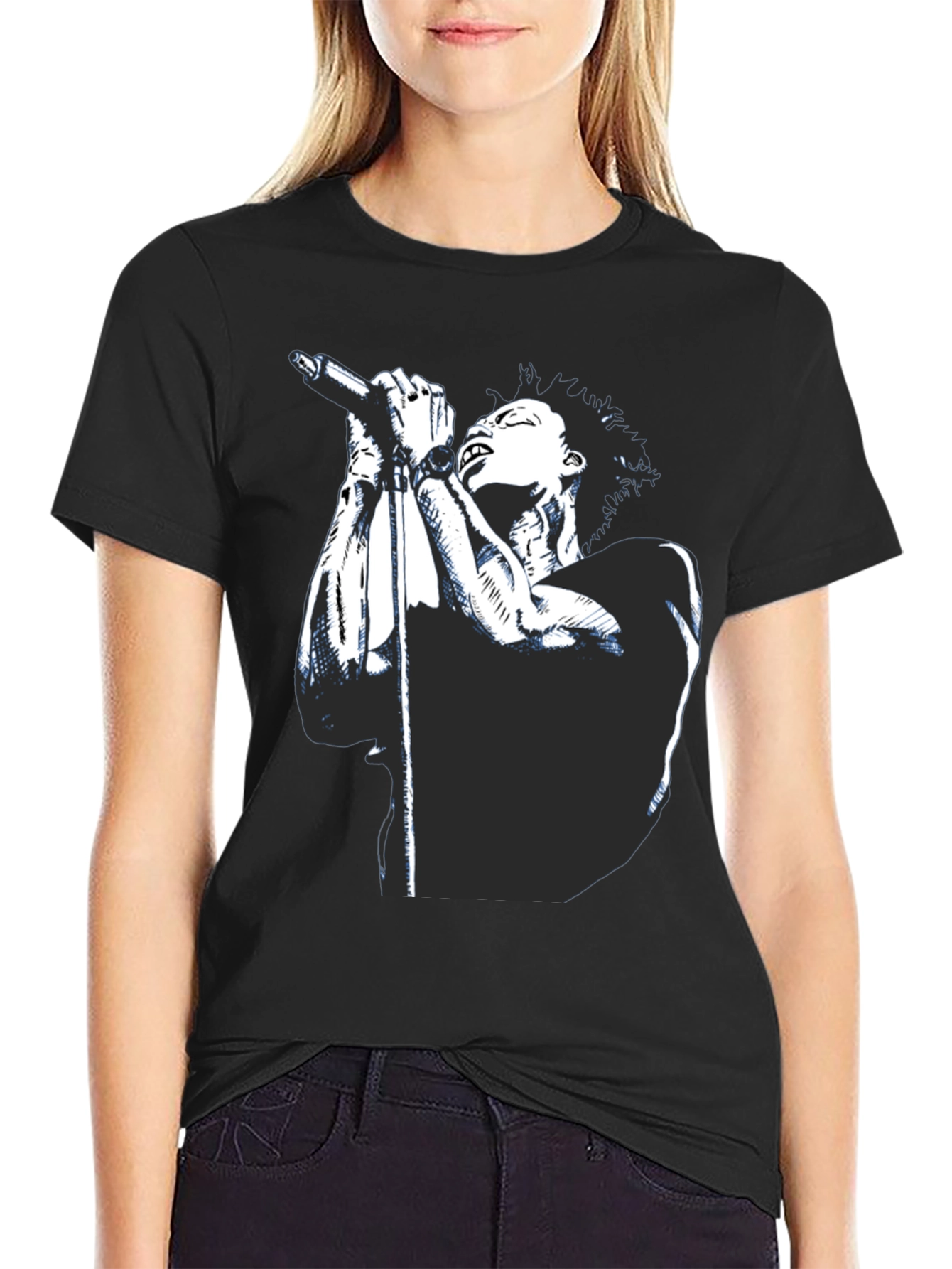 Black Graphic Tee - Singer with Microphone Design