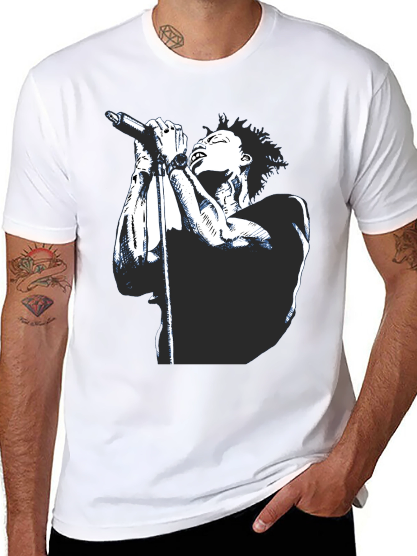 Black Graphic Tee - Singer with Microphone Design