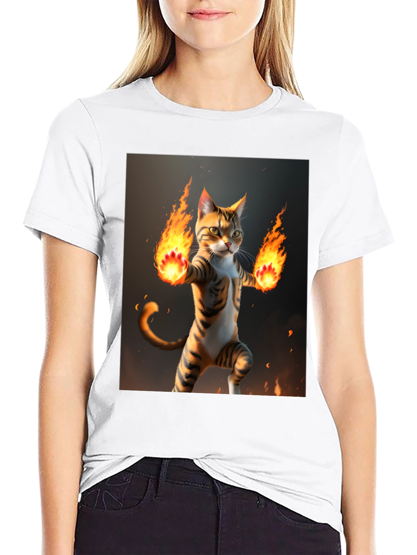 Fire Cat Graphic Tee - Black Cotton T-Shirt