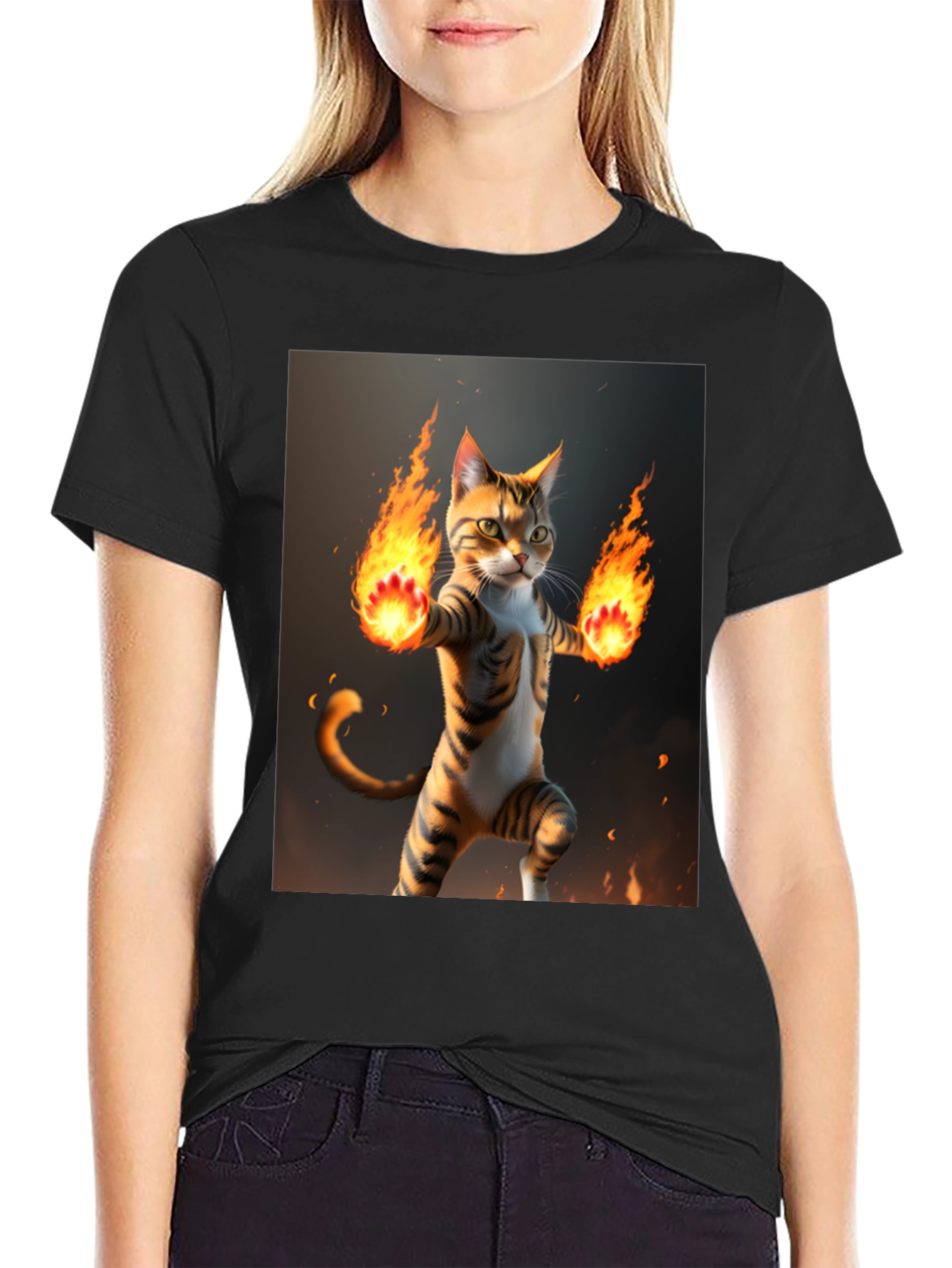 Fire Cat Graphic Tee - Black Cotton T-Shirt