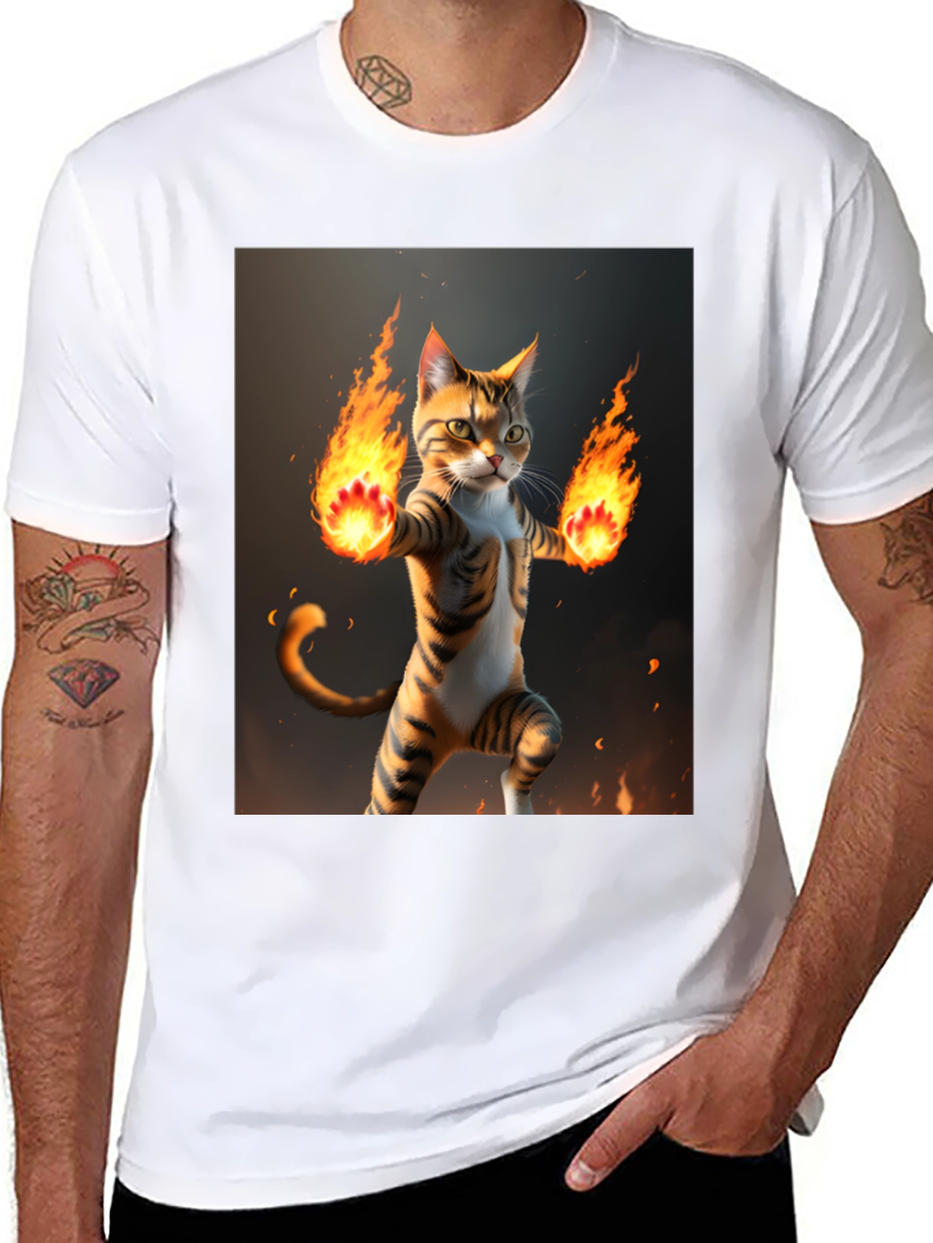 Fire Cat Graphic Tee - Black Cotton T-Shirt