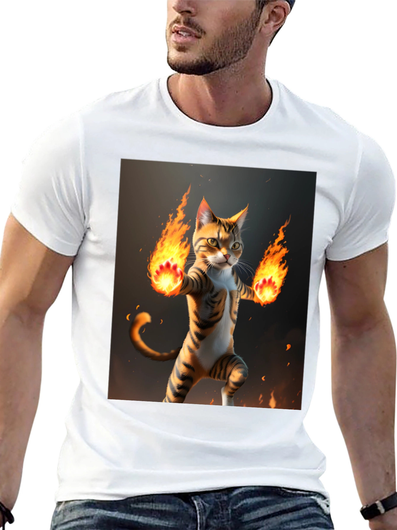 Fire Cat Graphic Tee - Black Cotton T-Shirt