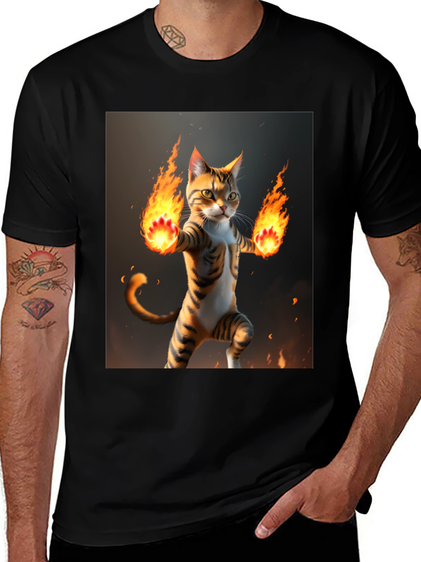Fire Cat Graphic Tee - Black Cotton T-Shirt