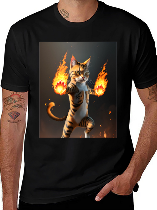 Fire Cat Graphic Tee - Black Cotton T-Shirt