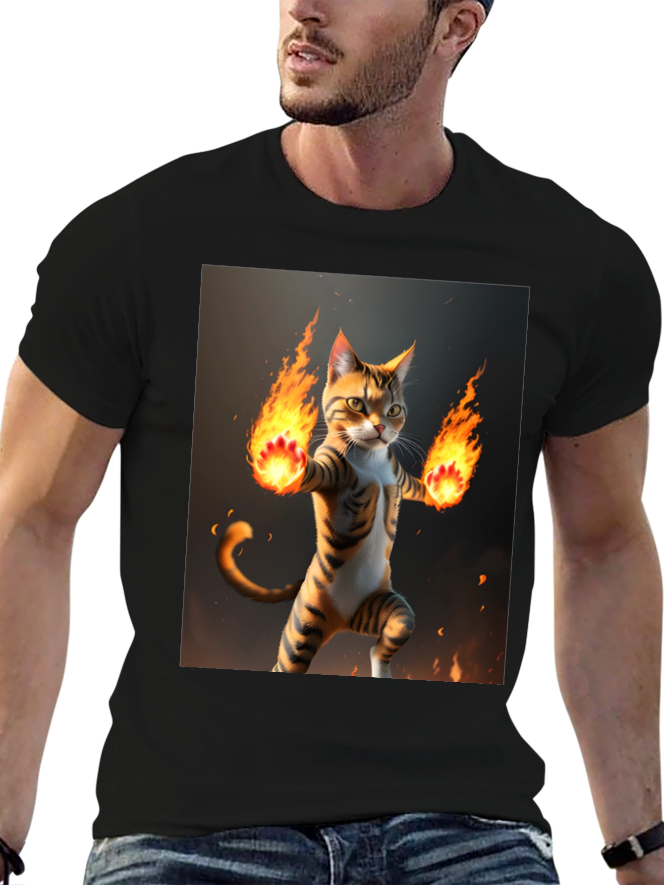Fire Cat Graphic Tee - Black Cotton T-Shirt