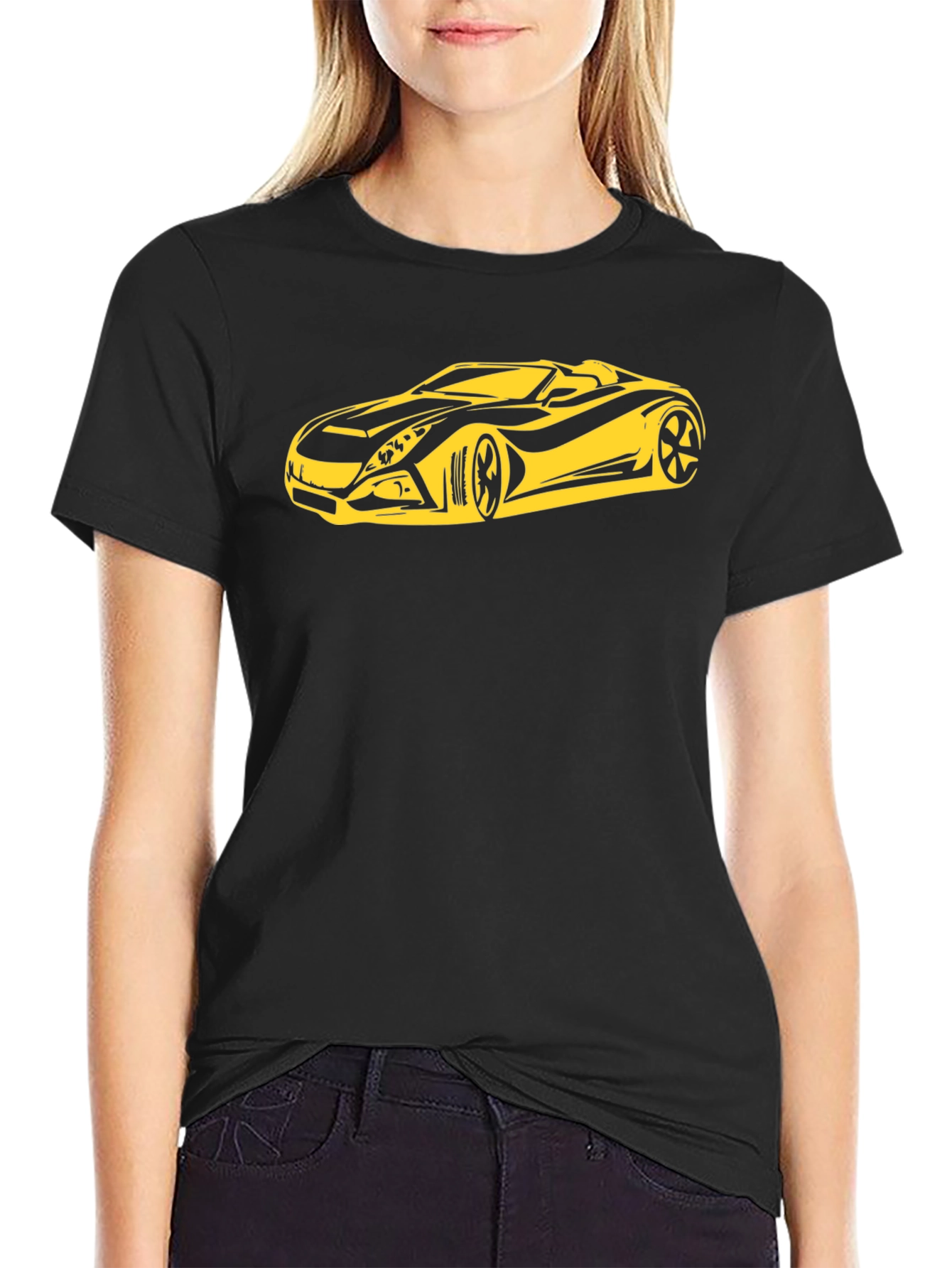 Stylish Black T-Shirt with Yellow Sports Car Graphic