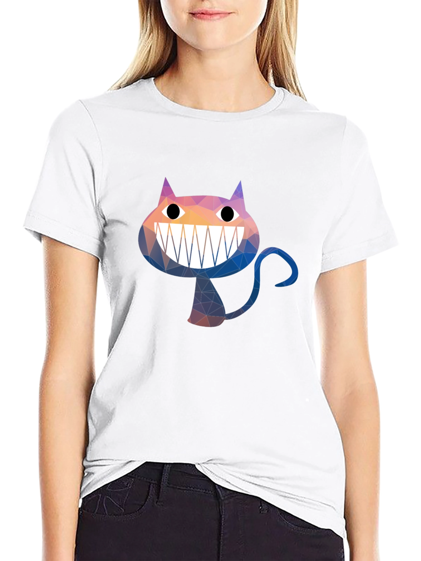 Geometric Cheshire Cat Graphic Tee - Black Cotton Blend