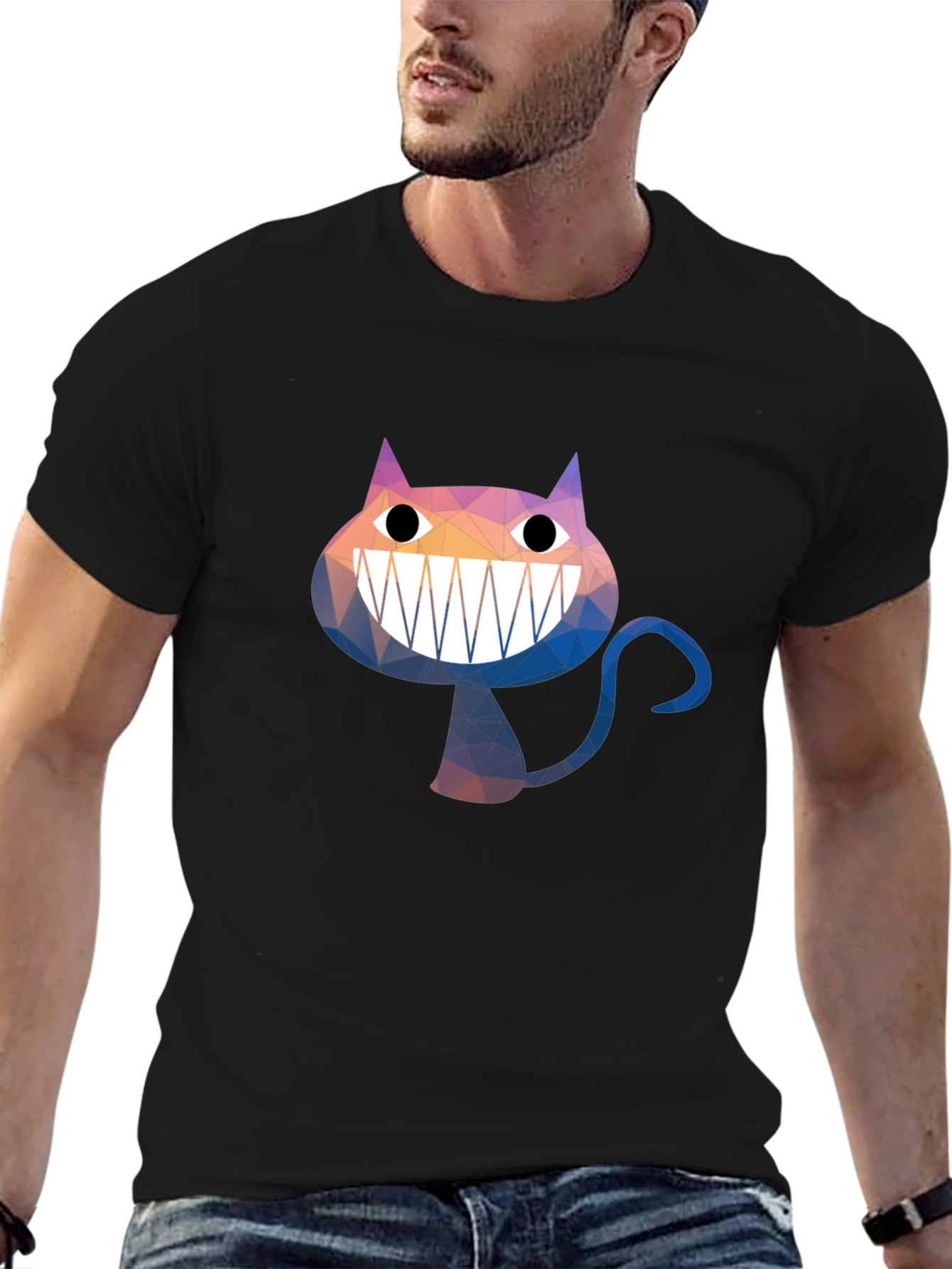 Geometric Cheshire Cat Graphic Tee - Black Cotton Blend