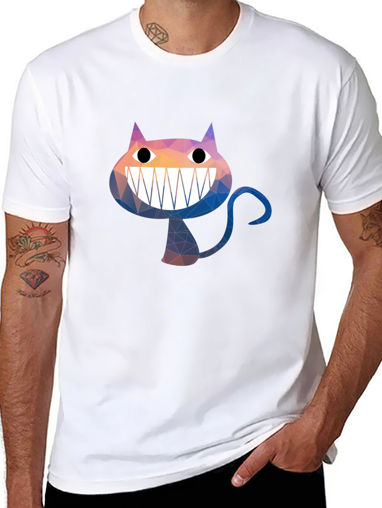 Geometric Cheshire Cat Graphic Tee - Black Cotton Blend