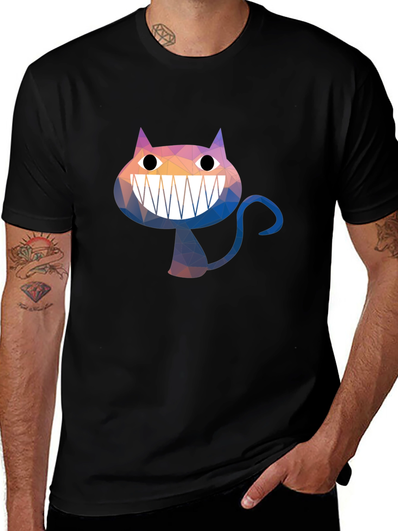 Geometric Cheshire Cat Graphic Tee - Black Cotton Blend
