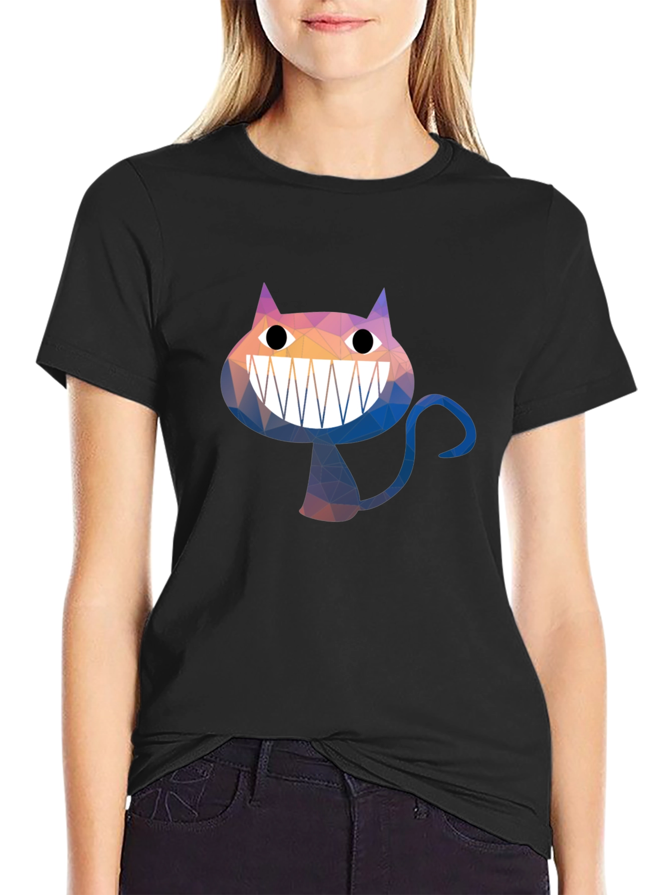 Geometric Cheshire Cat Graphic Tee - Black Cotton Blend