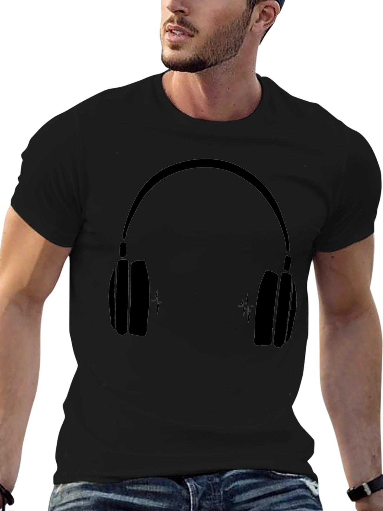 Black T-Shirt with Headphones Graphic