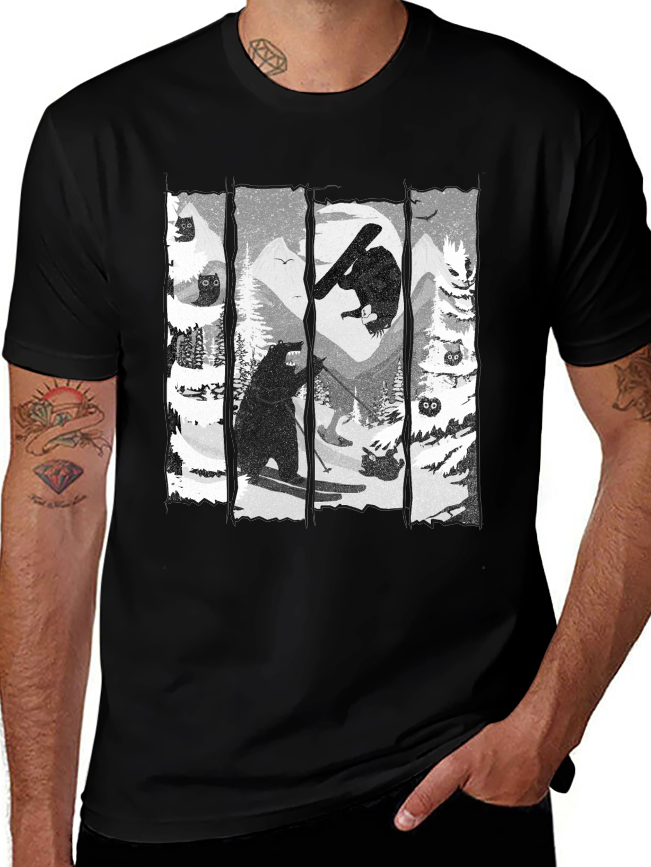 Bear Skiing Black Graphic Tee