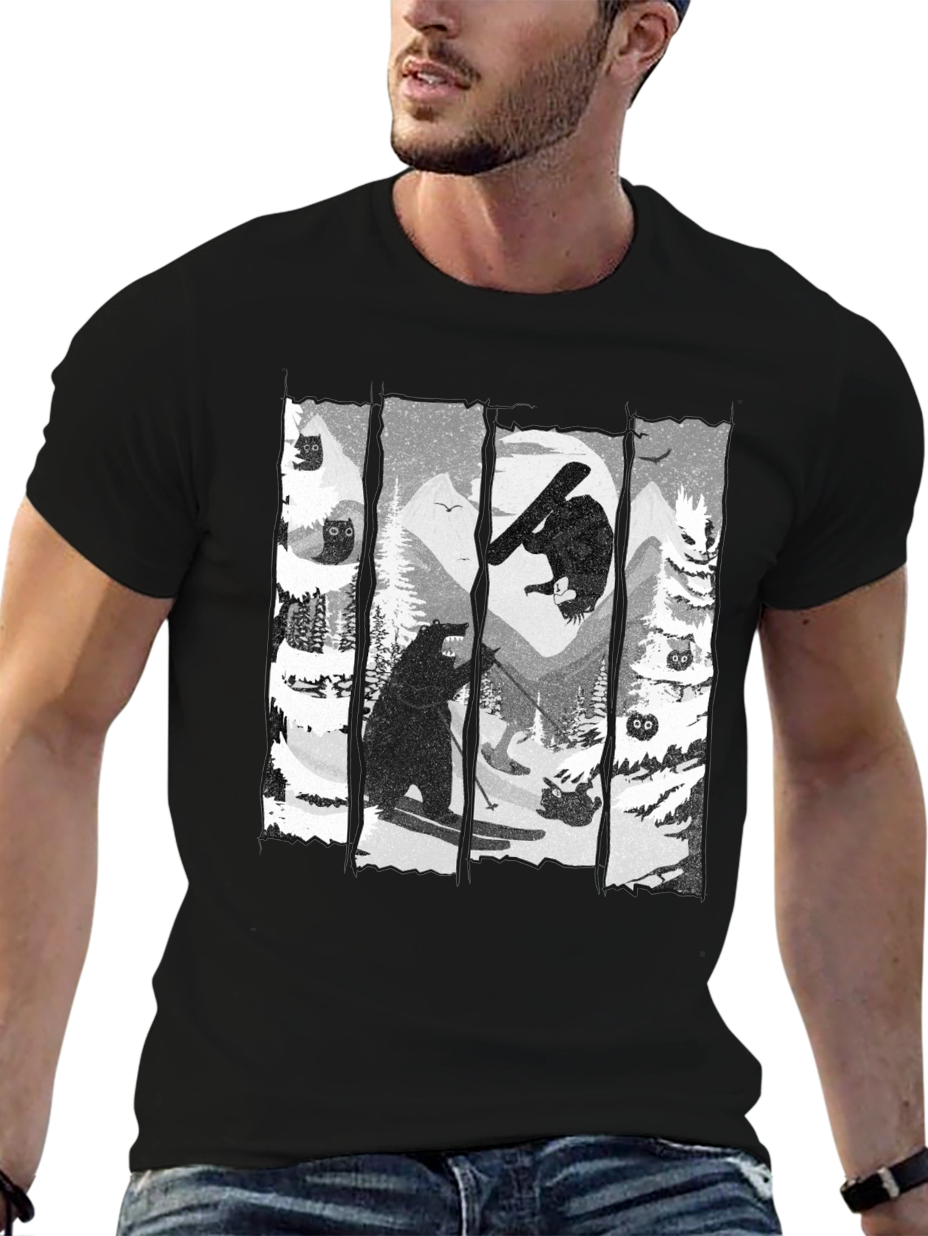 Bear Skiing Black Graphic Tee