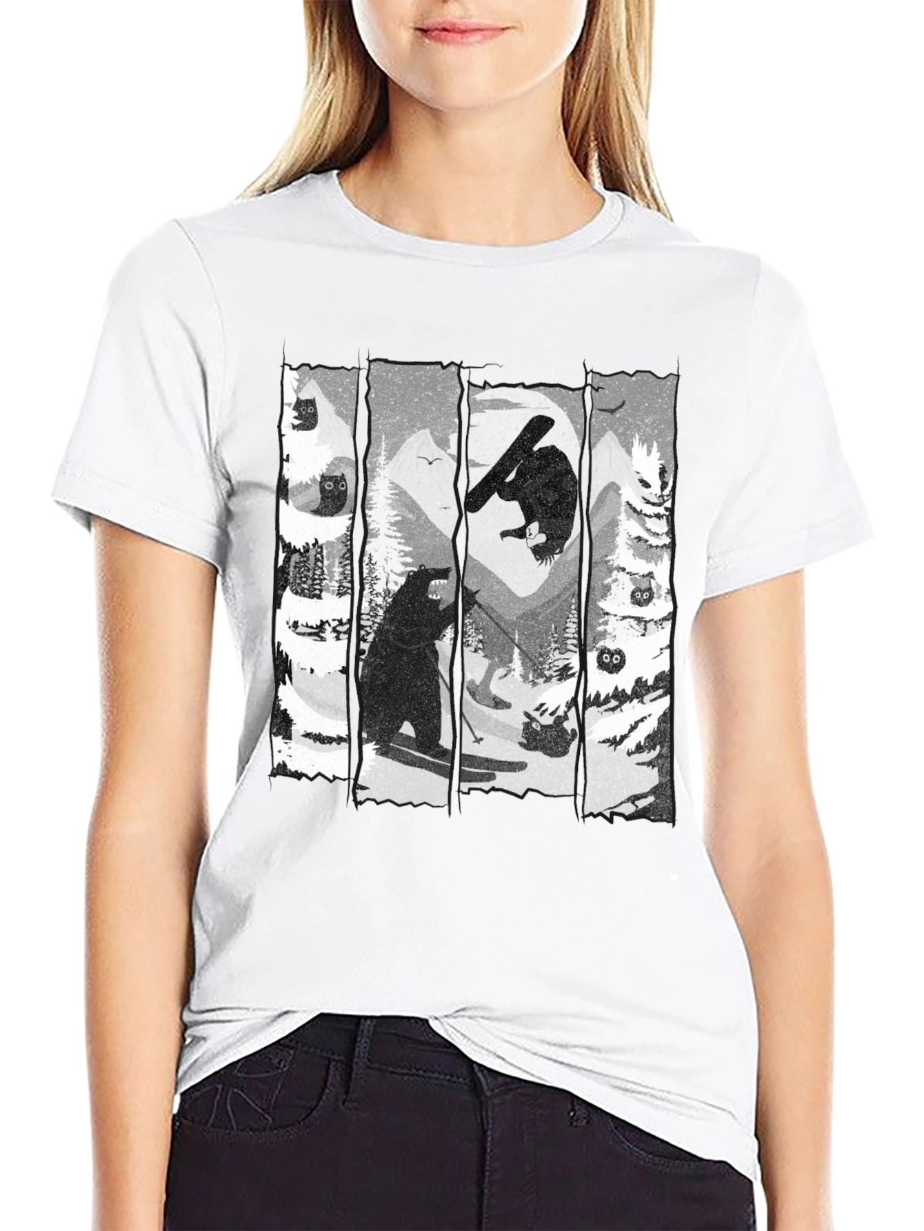 Bear Skiing Black Graphic Tee