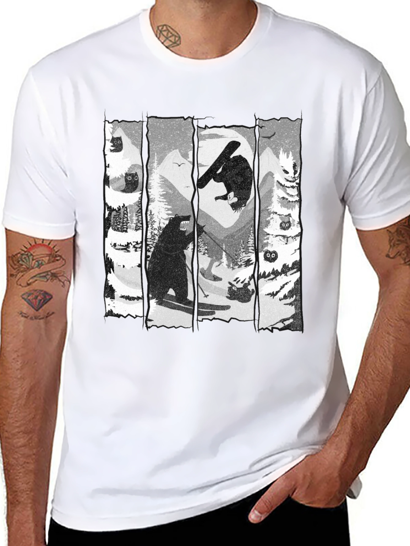Bear Skiing Black Graphic Tee