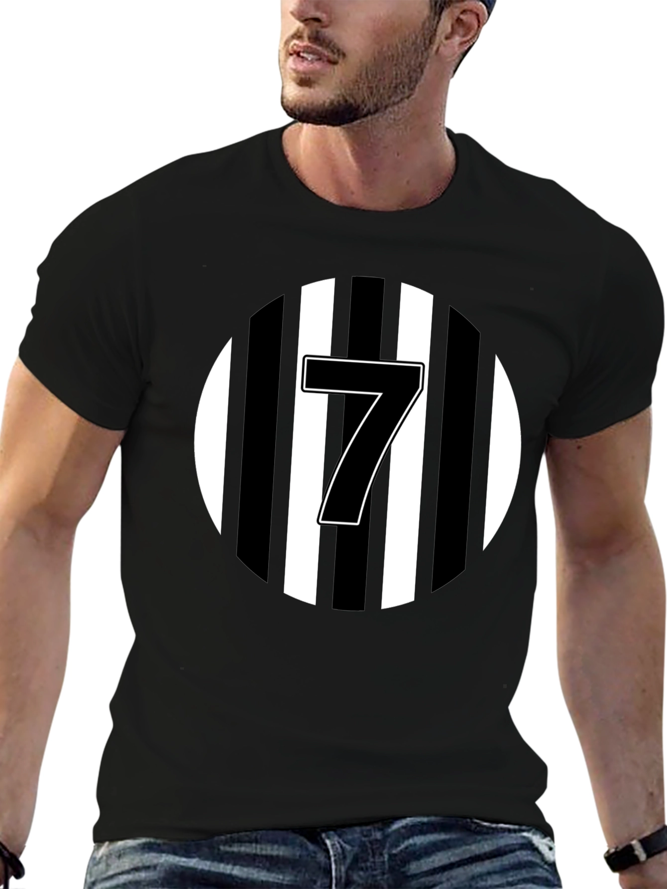 Number 7 Striped Graphic Tee - Black