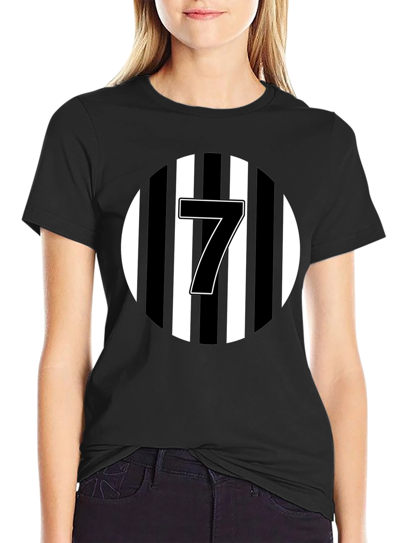 Number 7 Striped Graphic Tee - Black