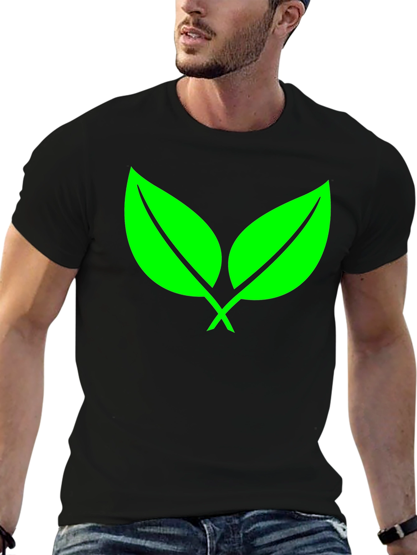 Eco-Friendly Green Leaf Black T-Shirt