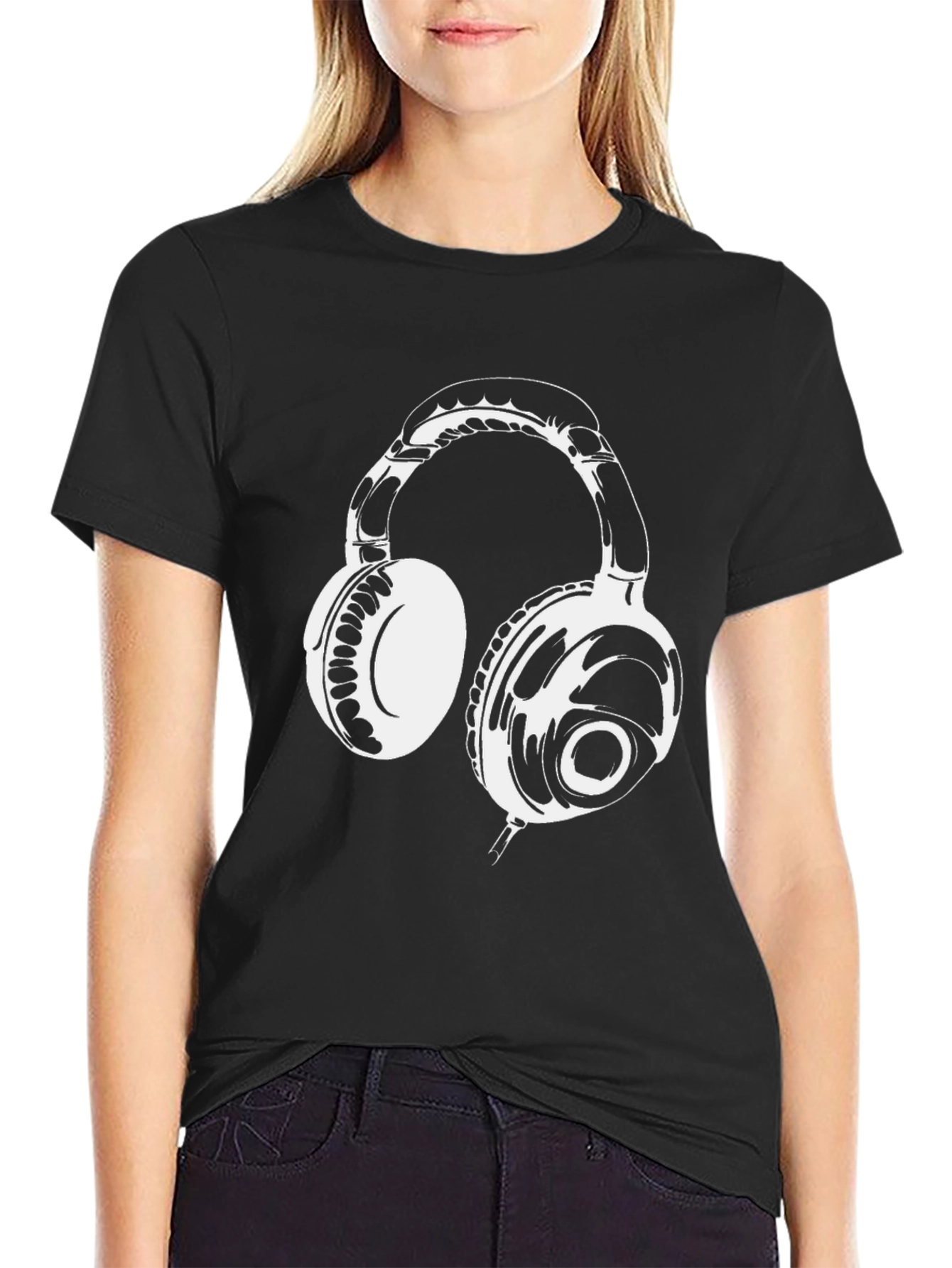 Black T-Shirt with White Headphones Graphic