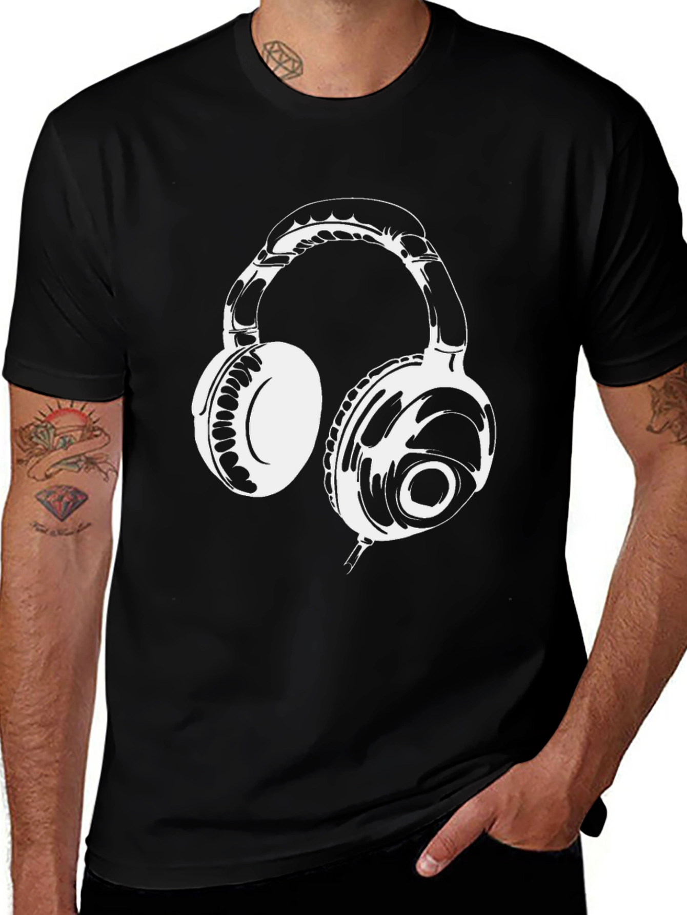 Black T-Shirt with White Headphones Graphic
