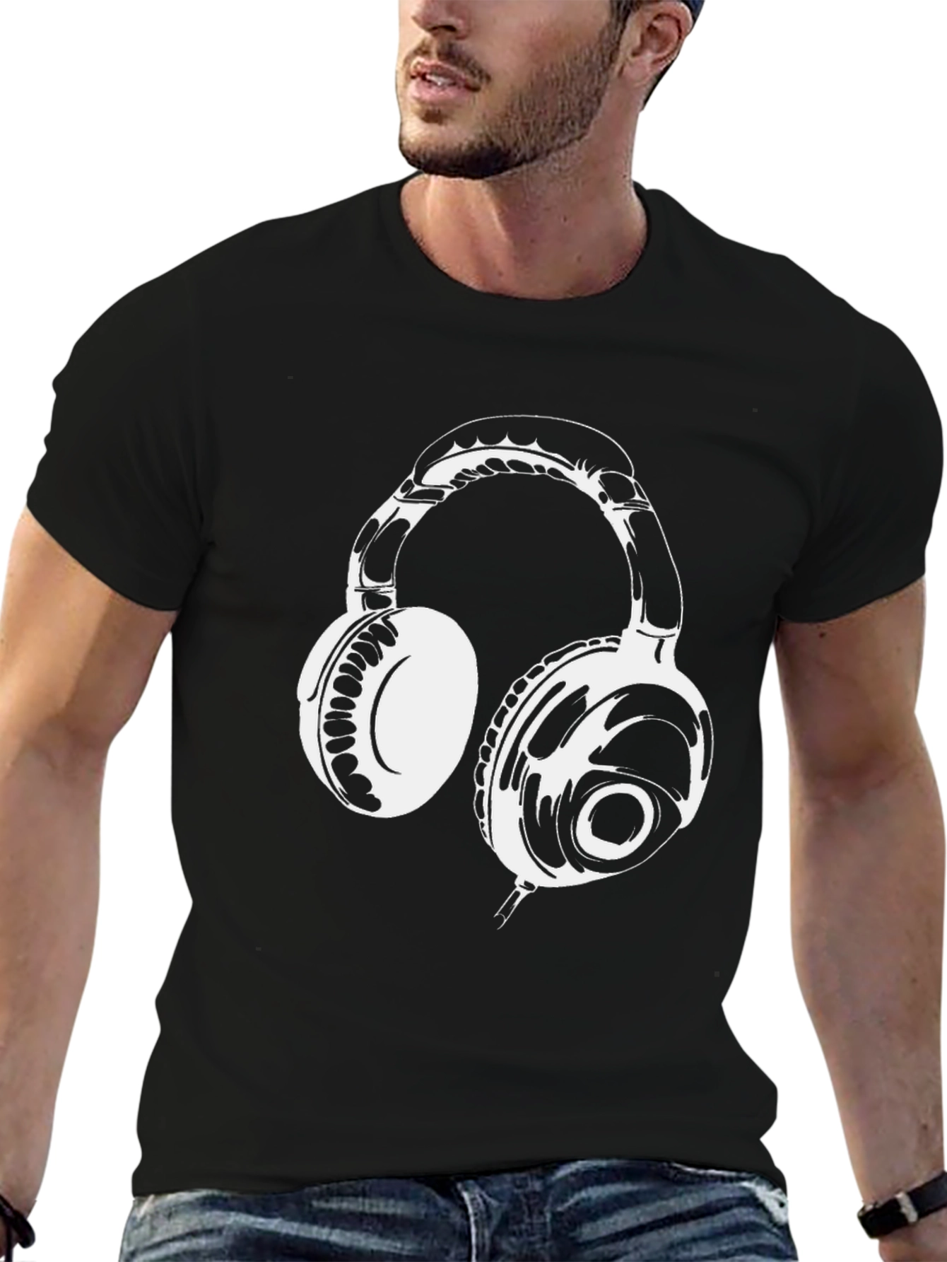 Black T-Shirt with White Headphones Graphic