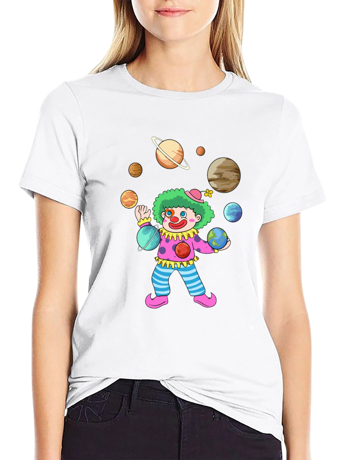 Clown Juggling Planets Graphic Tee - Black Cotton Shirt