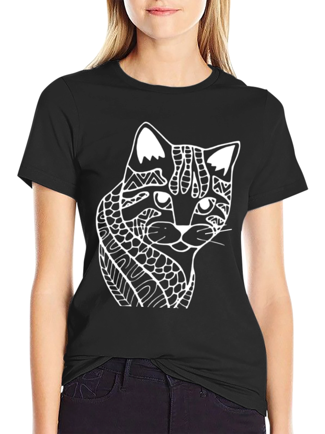Abstract Cat Graphic Tee - Black Cotton T-Shirt