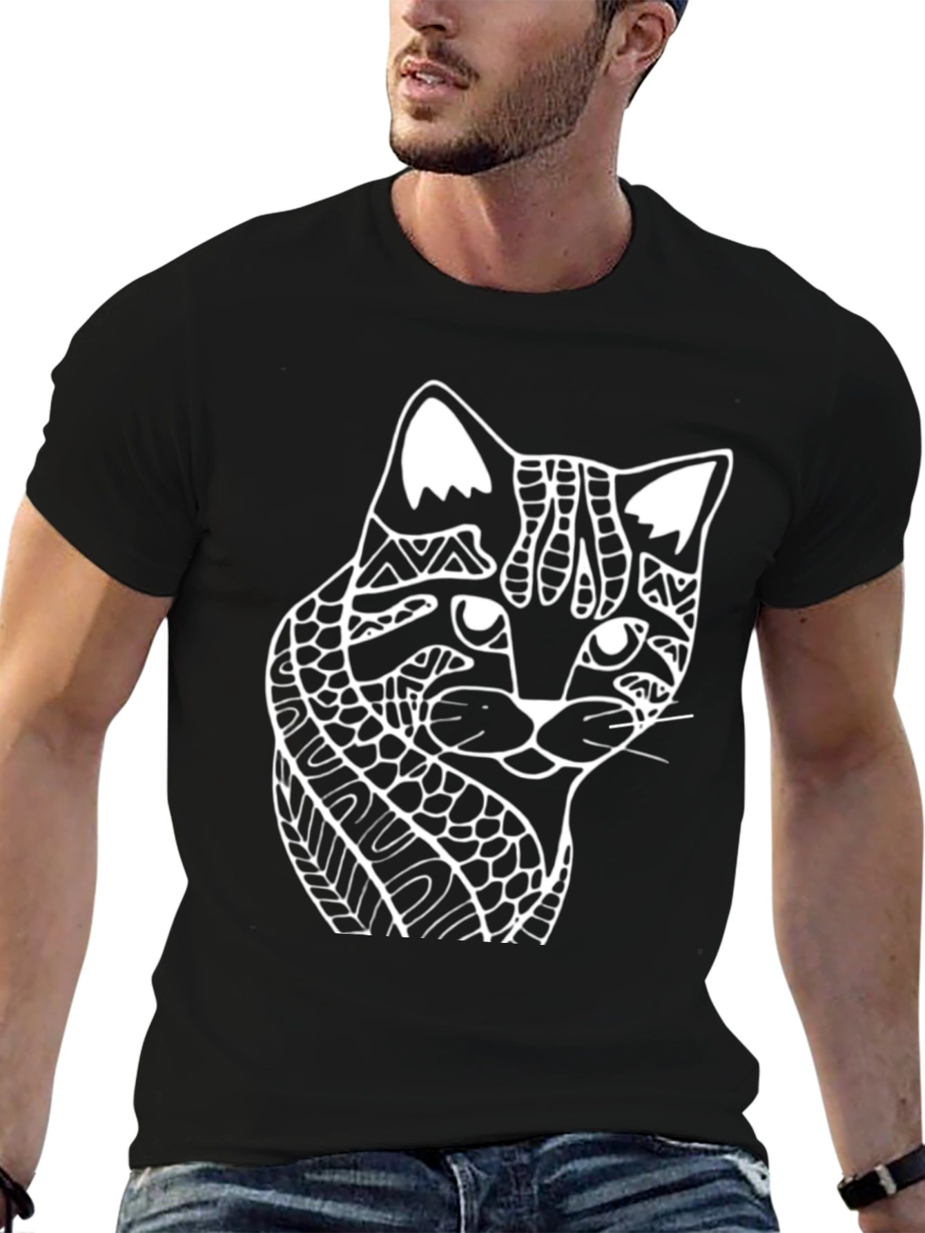 Abstract Cat Graphic Tee - Black Cotton T-Shirt