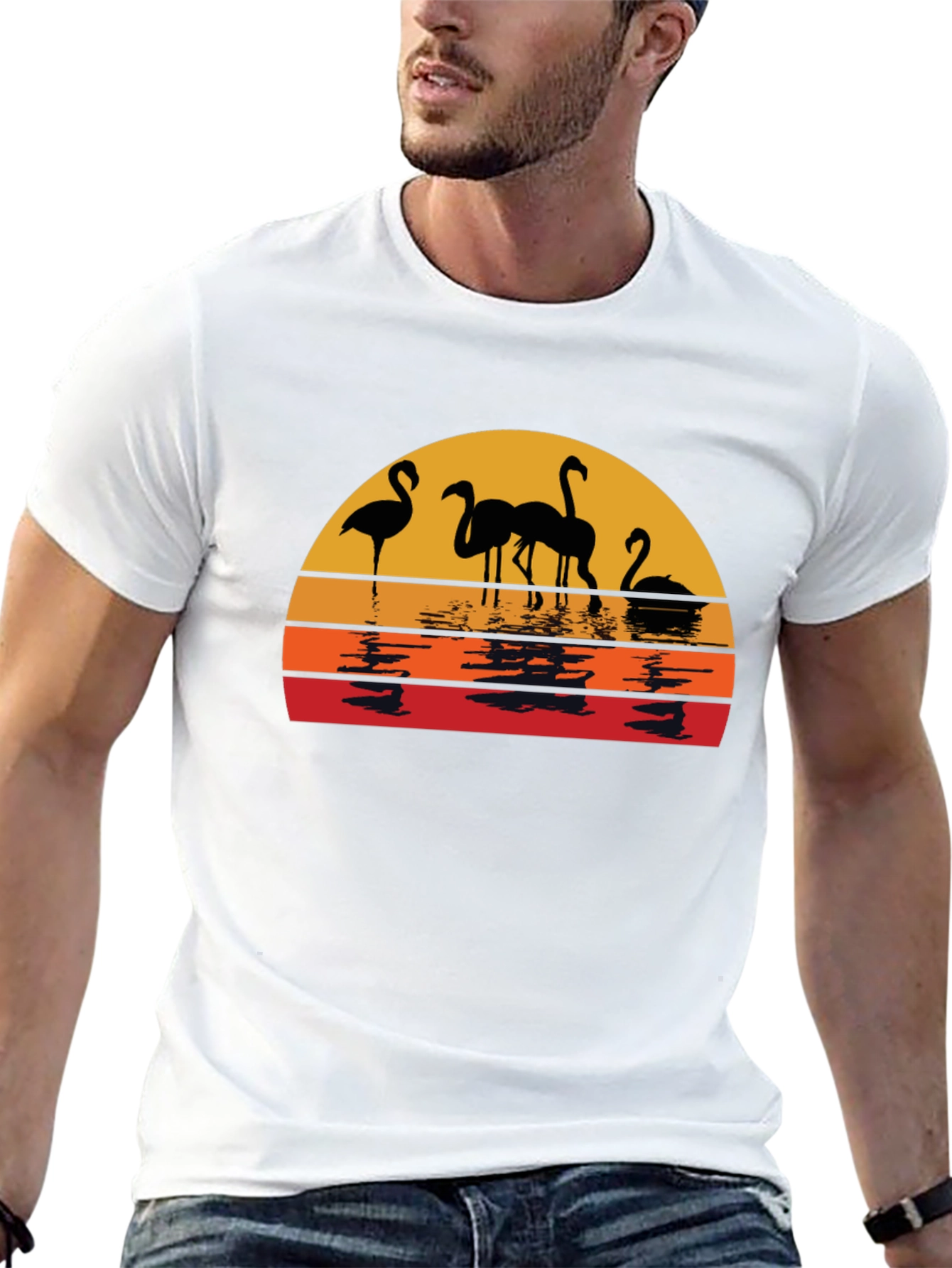 Sunset Flamingo Graphic Tee - Black Cotton Comfort