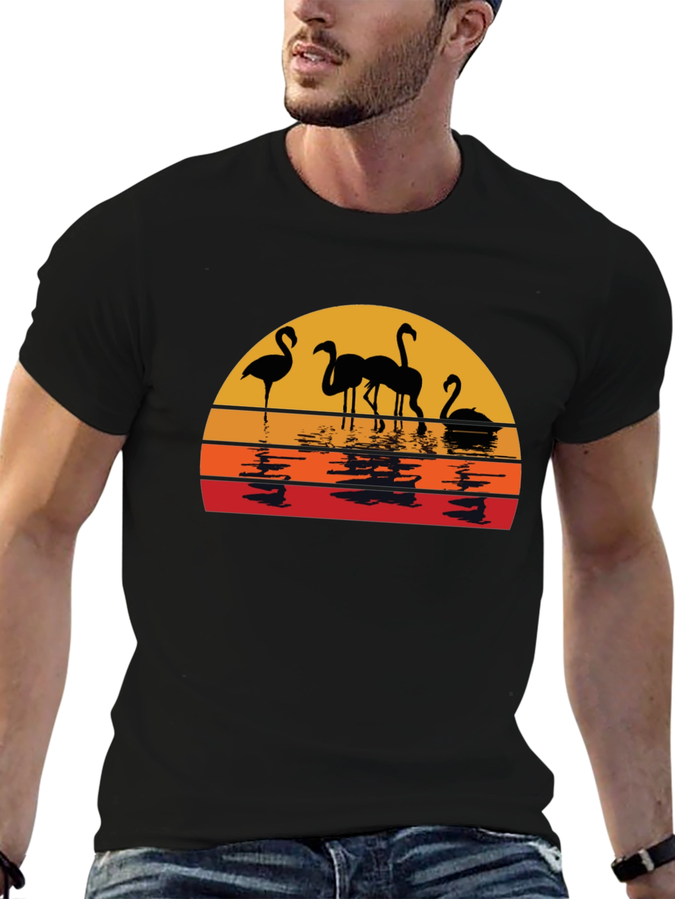 Sunset Flamingo Graphic Tee - Black Cotton Comfort