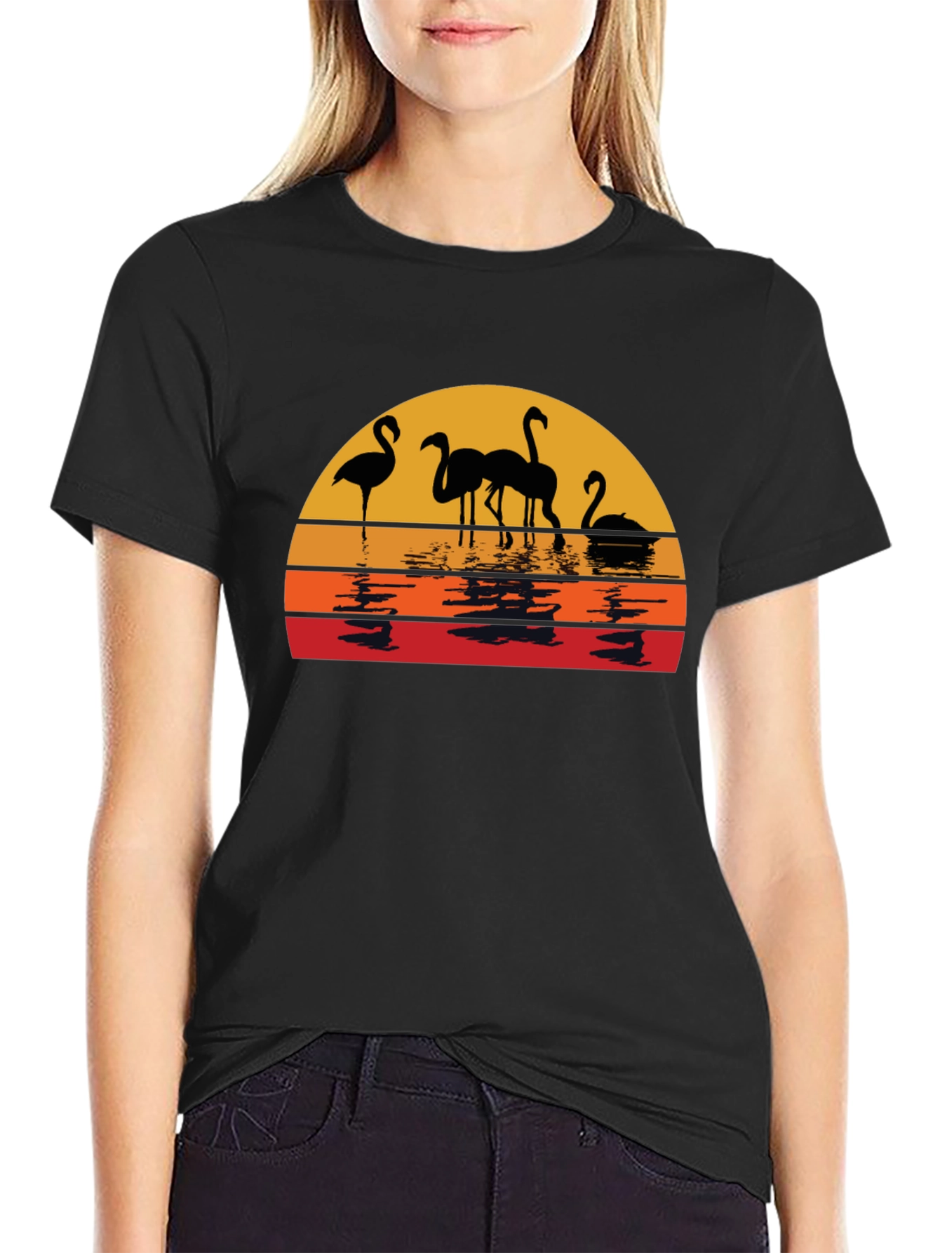 Sunset Flamingo Graphic Tee - Black Cotton Comfort