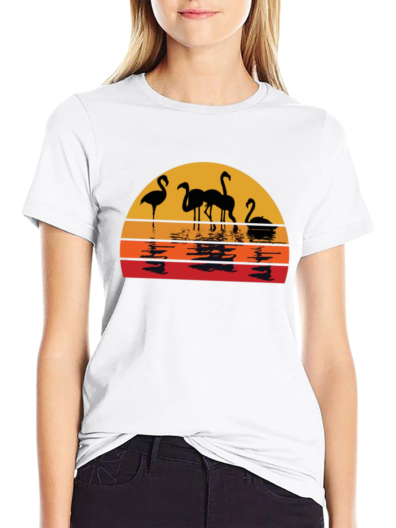Sunset Flamingo Graphic Tee - Black Cotton Comfort