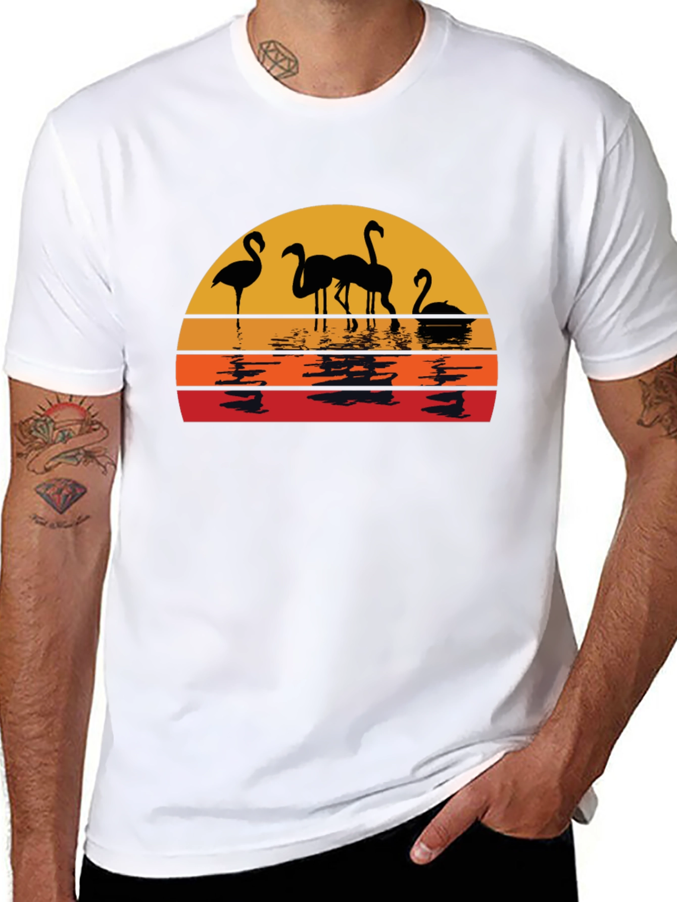 Sunset Flamingo Graphic Tee - Black Cotton Comfort