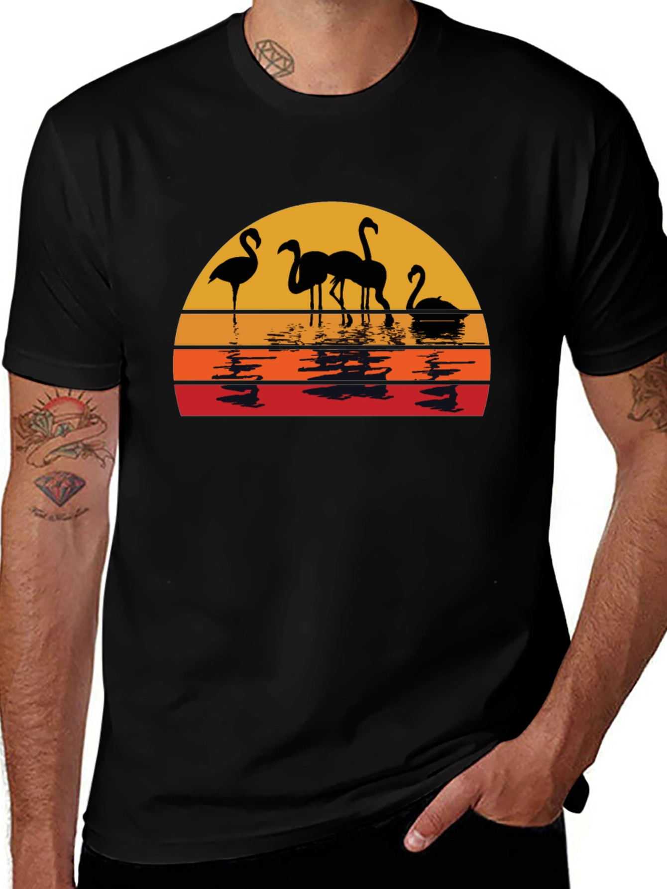 Sunset Flamingo Graphic Tee - Black Cotton Comfort